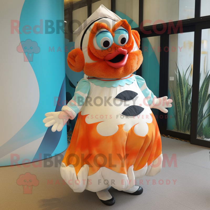 Cream Clown Fish mascot costume character dressed with a A-Line Dress and Brooches