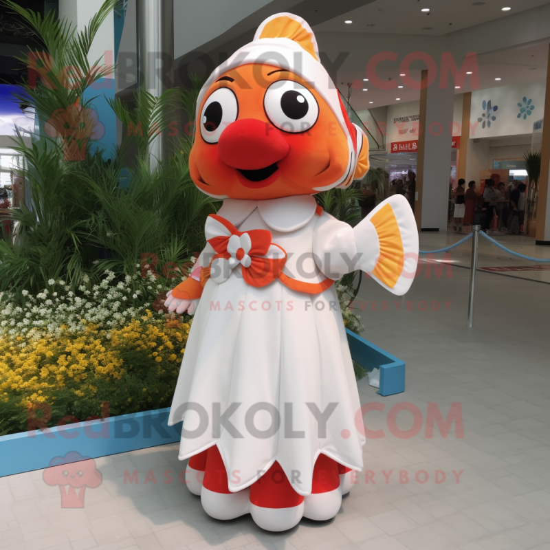 Cream Clown Fish mascot costume character dressed with a A-Line Dress and Brooches