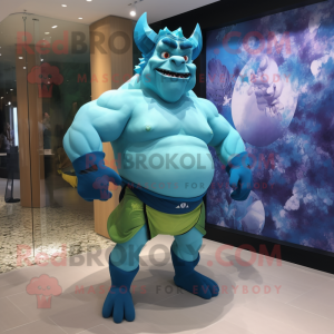 Cyan Ogre mascot costume character dressed with a Swimwear and Brooches