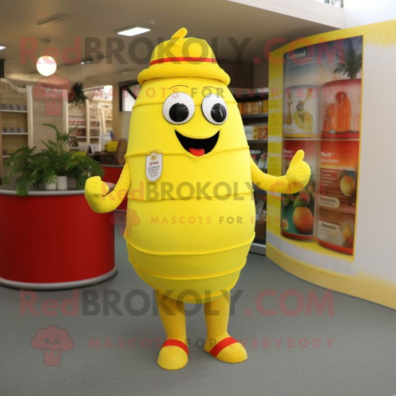 Lemon Yellow Goulash mascot costume character dressed with a Jeggings and Bracelets