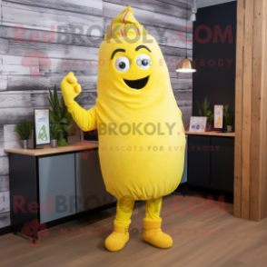 Lemon Yellow Goulash mascot costume character dressed with a Jeggings and Bracelets