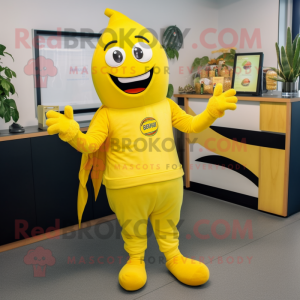 Lemon Yellow Goulash mascot costume character dressed with a Jeggings and Bracelets