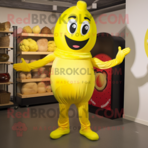 Lemon Yellow Goulash mascot costume character dressed with a Jeggings and Bracelets