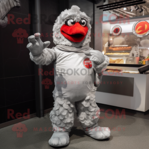 Silver Chicken Parmesan mascot costume character dressed with a Romper and Gloves