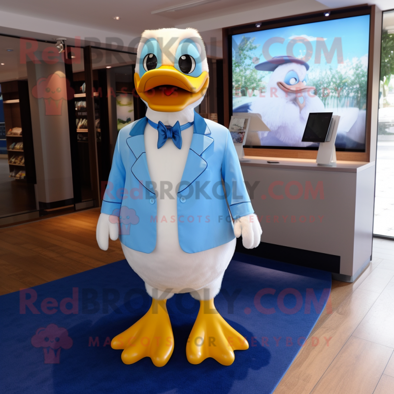 Sky Blue Duck mascot costume character dressed with a Suit and Ties