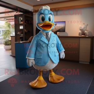 Sky Blue Duck mascot costume character dressed with a Suit and Ties
