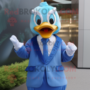 Sky Blue Duck mascot costume character dressed with a Suit and Ties