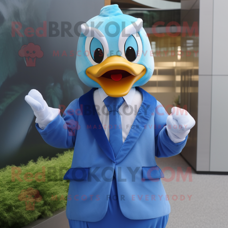 Sky Blue Duck mascot costume character dressed with a Suit and Ties