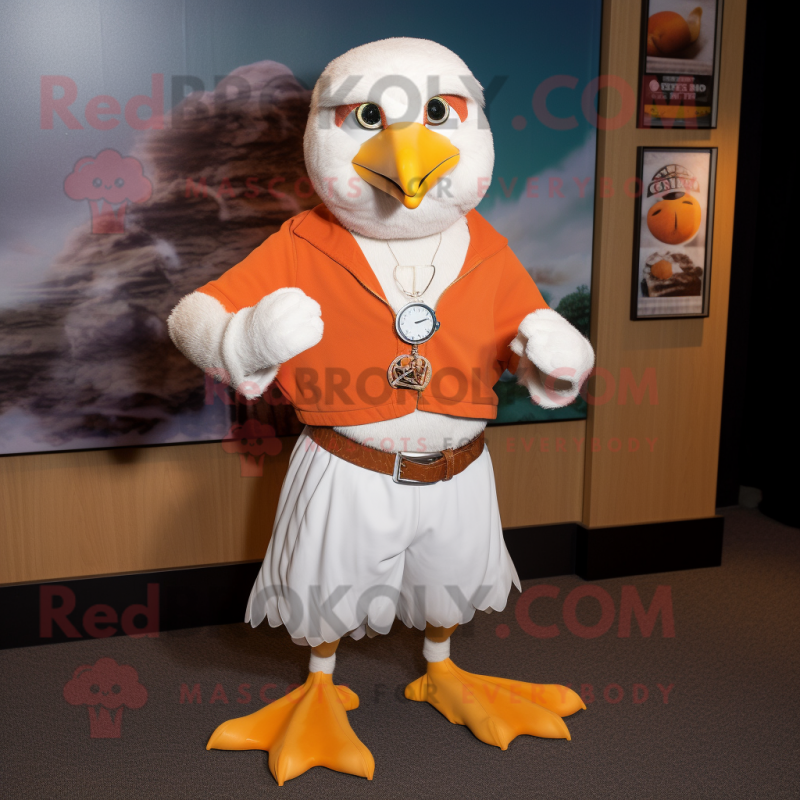Rust Seagull mascot costume character dressed with a Wrap Dress and Bracelet watches Rust Seagull mascot costume character dressed with a Wrap Dress and Bracelet watches