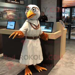 Rust Seagull mascot costume character dressed with a Wrap Dress and Bracelet watches