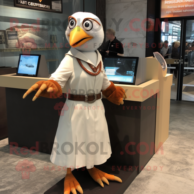 Rust Seagull mascot costume character dressed with a Wrap Dress and Bracelet watches Rust Seagull mascot costume character dressed with a Wrap Dress and Bracelet watches