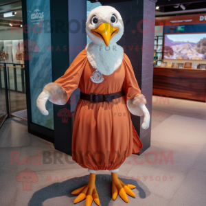 Rust Seagull mascot costume character dressed with a Wrap Dress and Bracelet watches