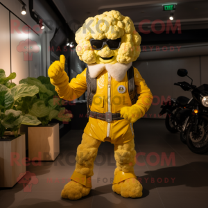 Yellow Cauliflower mascot costume character dressed with a Moto Jacket and Belts