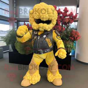 Yellow Cauliflower mascot costume character dressed with a Moto Jacket and Belts