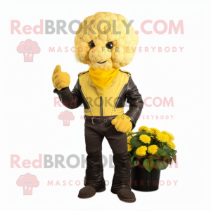 Yellow Cauliflower mascot costume character dressed with a Moto Jacket and Belts