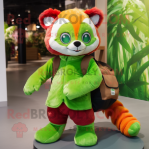 Lime Green Red Panda mascot costume character dressed with a Playsuit and Handbags