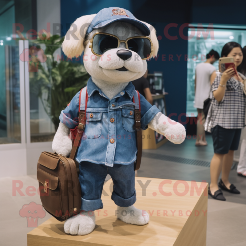 nan Dog mascot costume character dressed with a Denim Shorts and Handbags