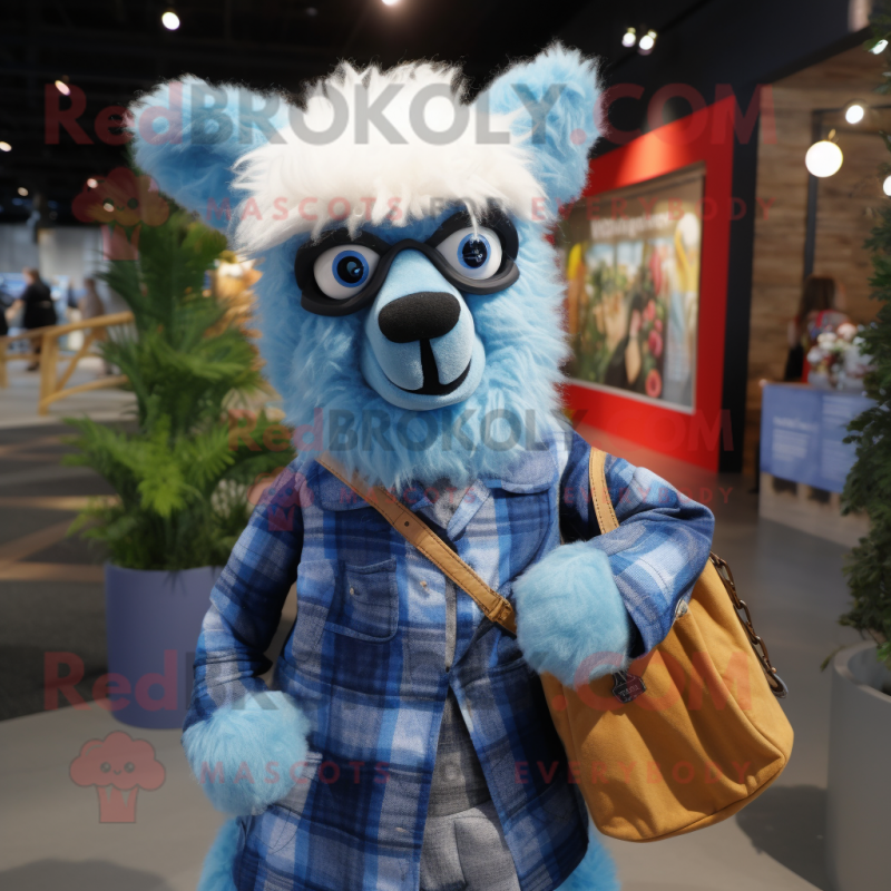 Blue Alpaca mascot costume character dressed with a Flannel Shirt and Handbags Blue Alpaca mascot costume character dressed with a Flannel Shirt and Handbags