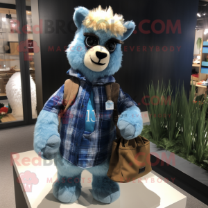 Blue Alpaca mascot costume character dressed with a Flannel Shirt and Handbags