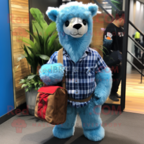 Blue Alpaca mascot costume character dressed with a Flannel Shirt and Handbags