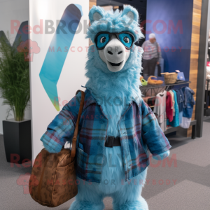 Blue Alpaca mascot costume character dressed with a Flannel Shirt and Handbags