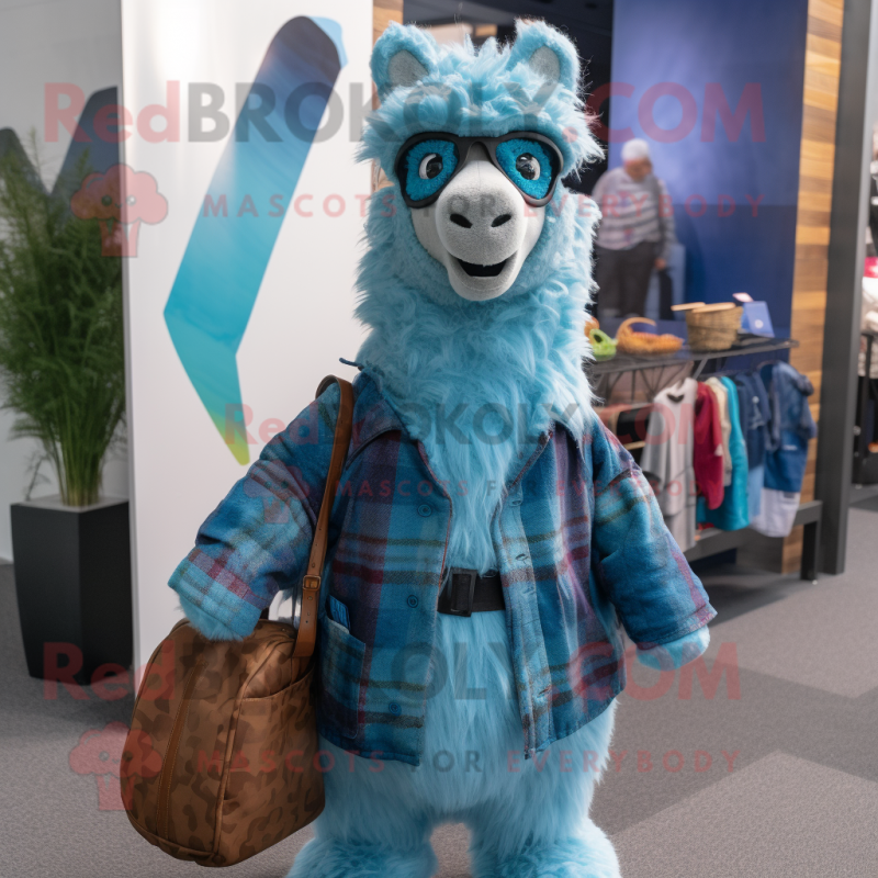 Blue Alpaca mascot costume character dressed with a Flannel Shirt and Handbags Blue Alpaca mascot costume character dressed with a Flannel Shirt and Handbags