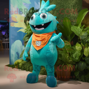 Cyan Ceviche mascot costume character dressed with a Tank Top and Brooches