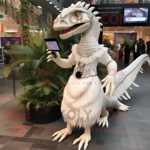 White Spinosaurus mascot costume character dressed with a Pleated Skirt and Smartwatches