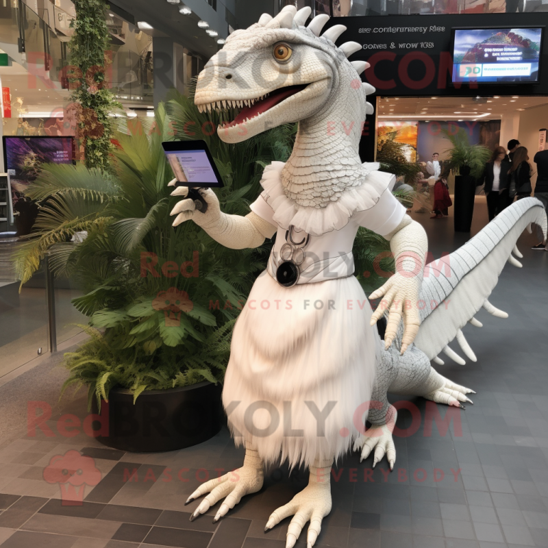 White Spinosaurus mascot costume character dressed with a Pleated Skirt and Smartwatches White Spinosaurus mascot costume character dressed with a Pleated Skirt and Smartwatches
