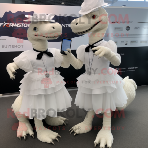 White Spinosaurus mascot costume character dressed with a Pleated Skirt and Smartwatches