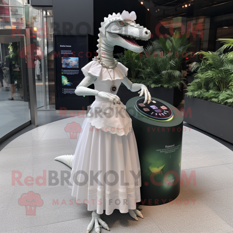 White Spinosaurus mascot costume character dressed with a Pleated Skirt and Smartwatches