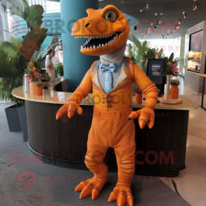 Orange Tyrannosaurus mascot costume character dressed with a Cocktail Dress and Belts