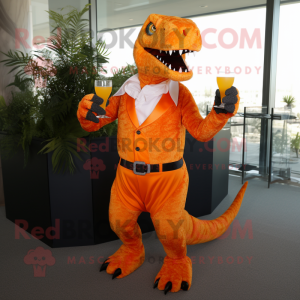 Orange Tyrannosaurus mascot costume character dressed with a Cocktail Dress and Belts