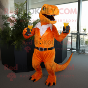 Orange Tyrannosaurus mascot costume character dressed with a Cocktail Dress and Belts