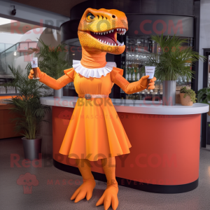 Orange Tyrannosaurus mascot costume character dressed with a Cocktail Dress and Belts