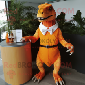 Orange Tyrannosaurus mascot costume character dressed with a Cocktail Dress and Belts