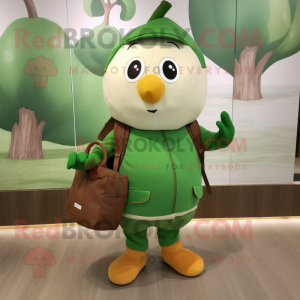 Forest Green Apricot mascot costume character dressed with a Shorts and Messenger bags