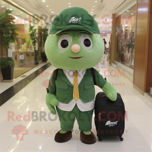 Forest Green Apricot mascot costume character dressed with a Shorts and Messenger bags