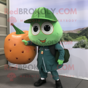 Forest Green Apricot mascot costume character dressed with a Shorts and Messenger bags