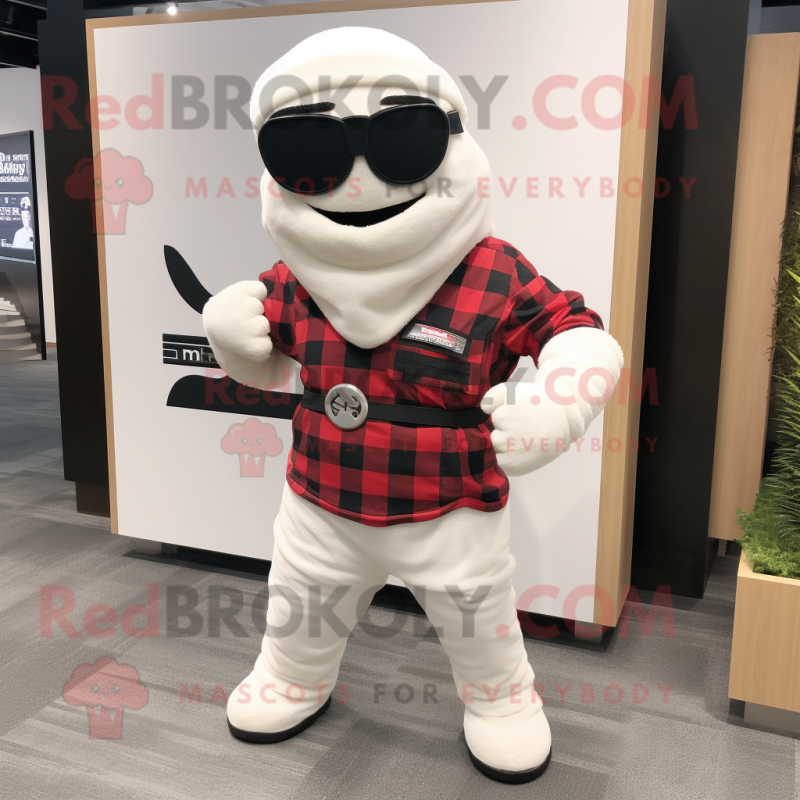 White Ninja mascot costume character dressed with a Flannel Shirt and Watches