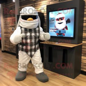 White Ninja mascot costume character dressed with a Flannel Shirt and Watches