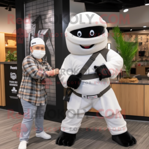 White Ninja mascot costume character dressed with a Flannel Shirt and Watches