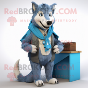 Blue Say Wolf mascot costume character dressed with a Cargo Shorts and Scarves