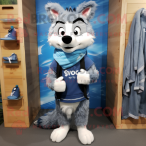 Blue Say Wolf mascot costume character dressed with a Cargo Shorts and Scarves
