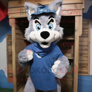 Blue Say Wolf mascot costume character dressed with a Cargo Shorts and Scarves