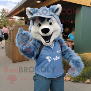 Blue Say Wolf mascot costume character dressed with a Cargo Shorts and Scarves