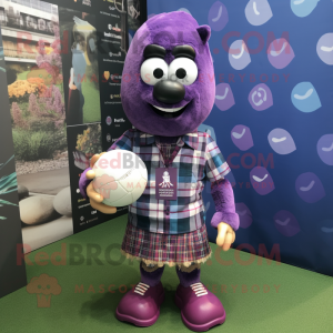 Purple Rugby Ball mascot costume character dressed with a Flannel Shirt and Necklaces