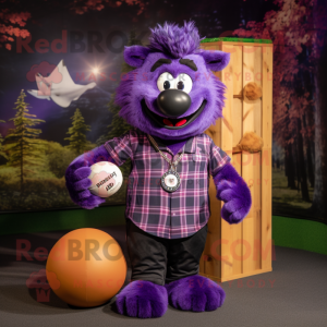 Purple Rugby Ball mascot costume character dressed with a Flannel Shirt and Necklaces