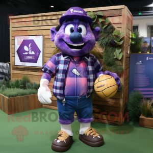 Purple Rugby Ball mascot costume character dressed with a Flannel Shirt and Necklaces