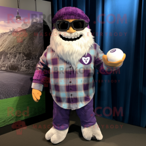 Purple Rugby Ball mascot costume character dressed with a Flannel Shirt and Necklaces